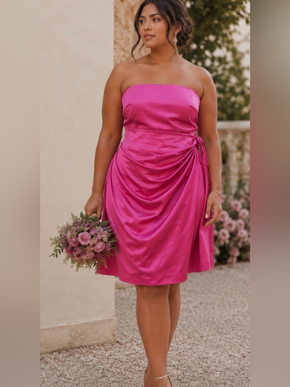 David’s Bridal Watermelon Satin Strapless Cocktail Gown Size 16 - NWT